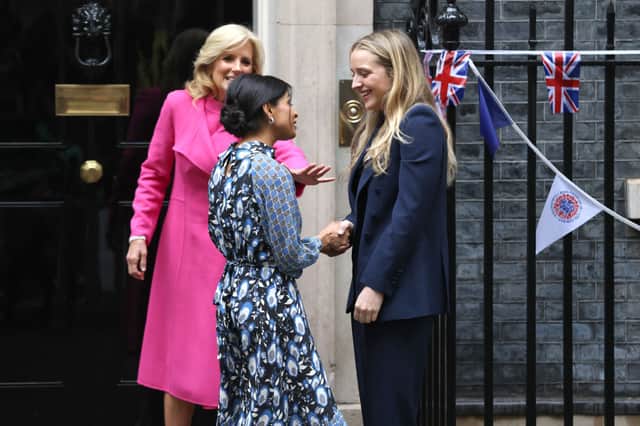 LONDON, ENGLAND - MAY 05: First Lady Jill Biden of the United States and and her Granddaughter Finnegan Biden meet Akshata Murty, wife of British Prime Minister Rishi Sunak at number 10 Downing Street on May 5, 2023 in London, England. A series of foreign dignitaries are visiting Downing Street while in town for the coronation of King Charles III. (Photo by Hollie Adams/Getty Images)