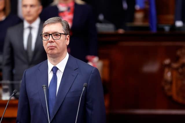 Serbia's President Aleksandar Vucic announced a series of “anti-terrorist” measures, including the hiring of 1,200 policemen and putting a police officer on guard each day at schools (Photo by PEDJA MILOSAVLJEVIC/AFP via Getty Images)