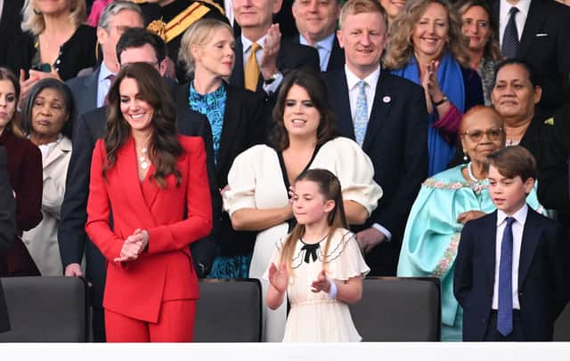 WINDSOR, ENGLAND - MAY 07: (L-R) Catherine, Princess of Wales, Princess Eugenie, Princess Charlotte of Wales and Prince George of Wales during the Coronation Concert on May 07, 2023 in Windsor, England. The Windsor Castle Concert is part of the celebrations of the Coronation of Charles III and his wife, Camilla, as King and Queen of the United Kingdom of Great Britain and Northern Ireland, and the other Commonwealth realms that took place at Westminster Abbey yesterday. High-profile performers will entertain members of the royal family and 20,000 guests including 10,000 members of the public. (Photo by Leon Neal/Getty Images)