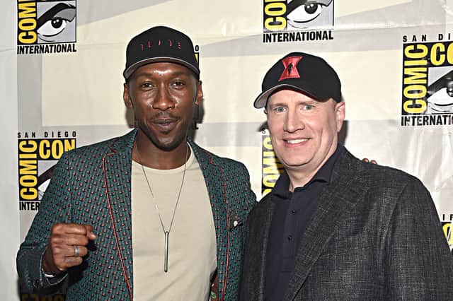 Mahershala Ali and Kevin Feige at the San Diego Comic-Con International 2019 after announcing the Blade movie (Credit: Alberto E. Rodriguez/Getty Images for Disney)