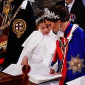 Princess Charlotte and the Catherine, Princess of Wales during the Coronation of King Charles III and Queen Camilla on May 6, 2023 in London, England. The Coronation of Charles III and his wife, Camilla, as King and Queen of the United Kingdom of Great Britain and Northern Ireland, and the other Commonwealth realms takes place at Westminster Abbey today. Charles acceded to the throne on 8 September 2022, upon the death of his mother, Elizabeth II.  (Photo by Yui Mok - WPA Pool/Getty Images)