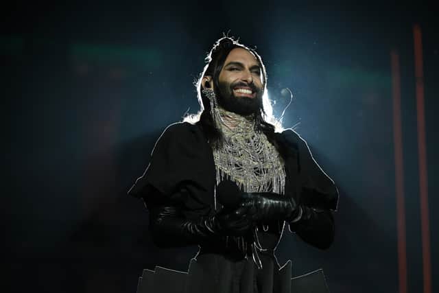 Conchita Wurst performs onstage during the National Lottery's Big Eurovision Welcome event outside St George's Hall on May 07, 2023 in Liverpool, England. (Photo by Shirlaine Forrest/Getty Images for The National Lottery)