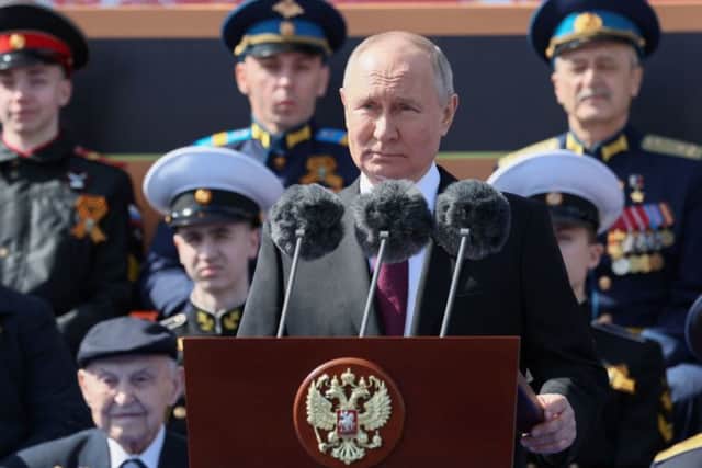 Russian President Vladimir Putin gives a speech during the Victory Day military parade at Red Square in central Moscow on May 9, 2023. - Russia celebrates the 78th anniversary of the victory over Nazi Germany during World War II. Credit: Getty Images