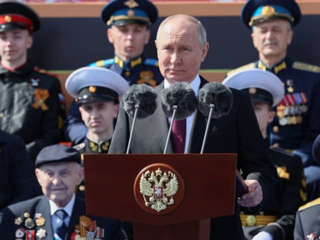 Russian President Vladimir Putin gives a speech during the Victory Day military parade at Red Square in central Moscow on May 9, 2023. - Russia celebrates the 78th anniversary of the victory over Nazi Germany during World War II. Credit: Getty Images