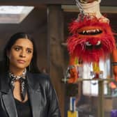 Lilly Singh as Nora Singh and Animal as himself in The Muppets Mayhem (Credit: Disney+)