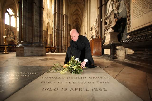 Dean’s Verger Martin Castledine lays a wreath of plants from Charles Darwin’s garden on his grave on the 200th anniversary of his birth at Westminster Abbey in 2009 (Photo: Peter Macdiarmid/Getty Images)