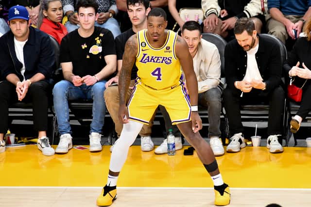 Lonnie Walker IV #4 of the Los Angeles Lakers looks on during Game Four of the Western Conference Semi-Finals of the 2023 NBA Playoffs against the Golden State Warriors at Crypto.com Arena on May 08, 2023 in Los Angeles, California. (Photo by Allen Berezovsky/Getty Images)