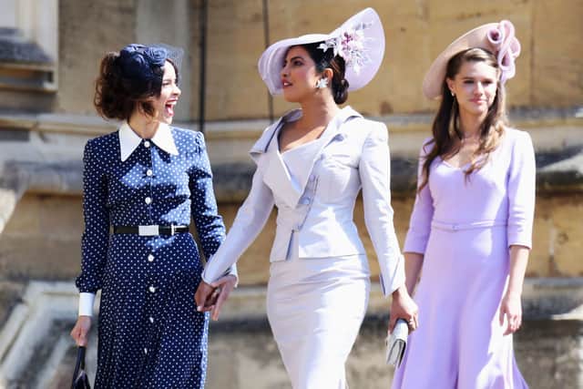 US actress Abigail Spencer and Bollywood actress Priyanka Chopra arrive for the wedding ceremony of Britain's Prince Harry, Duke of Sussex and US actress Meghan Markle at St George's Chapel, Windsor Castle, in Windsor, on May 19, 2018. (Photo by Chris Jackson / POOL / AFP)        (Photo credit should read CHRIS JACKSON/AFP via Getty Images)