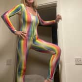 Deborah Robinson in the size 8 rainbow-coloured leotard, designed by Dame Mary Quant.