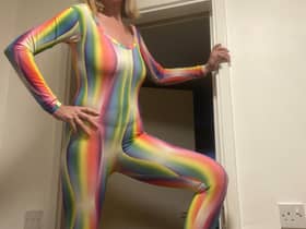 Deborah Robinson in the size 8 rainbow-coloured leotard, designed by Dame Mary Quant.