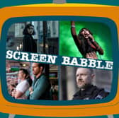 The orange Screen Babble television, featuring images from A Small Light, Eurovision, BAFTA nominee The Responder, and Welcome to Wrexham, as discussed in episode 25 (Credit: NationalWorld Graphics)