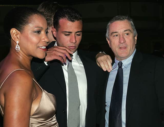 Actor Robert De Niro, his wife Grace Hightower and his son Raphael DeNiro attend the cocktail party for the 5th Annual Directors Guild Of America Honors at the Waldorf Astoria Hotel September 29, 2004 in New York City.  (Photo by Evan Agostini/Getty Images)