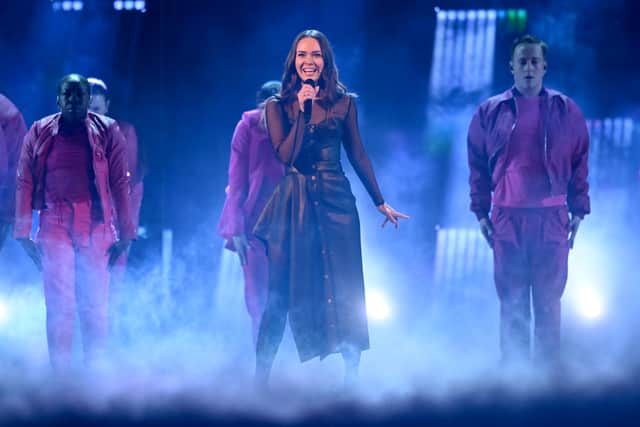 Ukrainian presenter Julia Sanina performs during the first dress rehearsal for Semi Final 1 of the Eurovision Song Contest 2023 at M&S Bank Arena on May 08, 2023 in Liverpool, England. (Photo by Anthony Devlin/Getty Images)