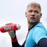 Arsenal’s Aaron Ramsdale takes a drink from a ‘Prime’ branded-bottle. Picture: ADRIAN DENNIS/AFP via Getty Images