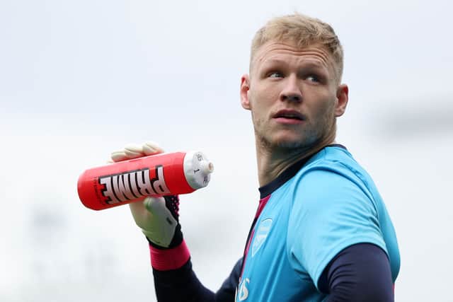 Arsenal’s Aaron Ramsdale takes a drink from a ‘Prime’ branded-bottle. Picture: ADRIAN DENNIS/AFP via Getty Images