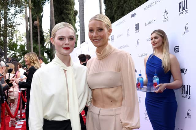 BEVERLY HILLS, CALIFORNIA - APRIL 23: (L-R) Elle Fanning and Gwyneth Paltrow with FIJI Water at the 7th Annual Fashion Los Angeles Awards at The Beverly Hills Hotel on April 23, 2023 in Beverly Hills, California. (Photo by Tommaso Boddi/Getty Images for FIJI Water)