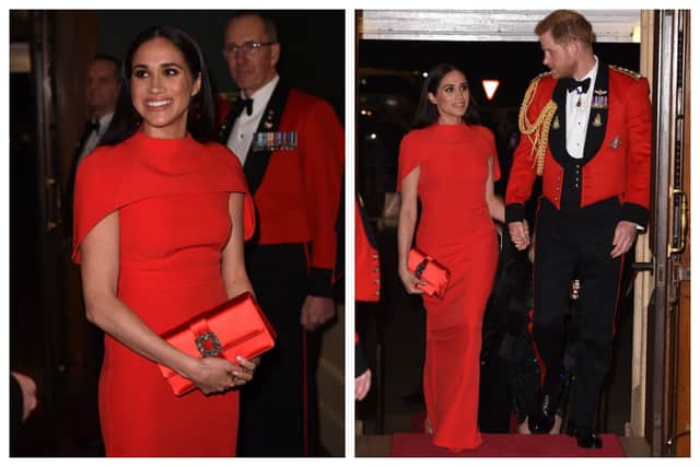 Meghan Markle dazzled in a Safiyaa dress, accompanied by Prince Harry, back in 2020. Photographs by Getty