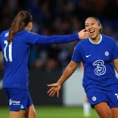 Lauren James celebrates with fellow goalscorer Guro Reiten as Chelsea beat Leicester 6-0