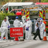 Forensics at the crash scene on the A456 outside the Duke William Pub. Picture: Joseph Walshe / SWNS