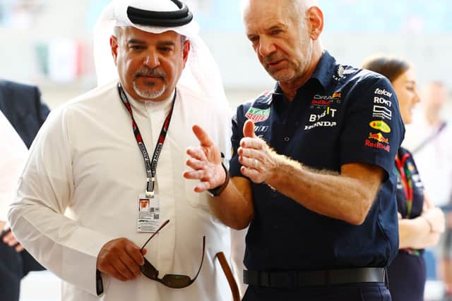 Crown Prince Salman bin Hamad Al Khalifa talks with Adrian Newey, the Chief Technical Officer of Red Bull Racing. Credit: Mark Thompson/Getty Images