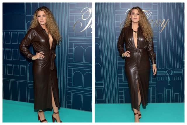 Blake Lively looked sensational in a brown Brandon Maxwell leather dress for the Tiffany & Co party in New York. Photographs by Getty