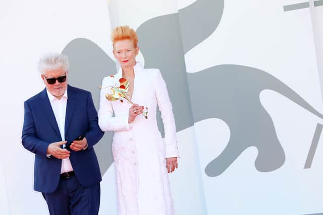 Pedro Almodovar and Tilda Swinton walk the red carpet ahead of the movie "The Human Voice" and "Quo Vadis, Aida?" at the 77th Venice Film Festival at  on September 03, 2020 in Venice, Italy. (Photo by Ernesto S. Ruscio/Getty Images)