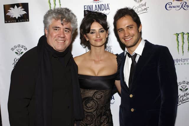 (L-R) Director Pedro Almodovar, actress Penelope Cruz and actor Gael Garcia Bernal pose at the after party for AFI's Premiere of "Bad Education" at the White Lotus on November 7, 2004 in Hollywood, California.  (Photo by Stephen Shugerman/Getty Images)