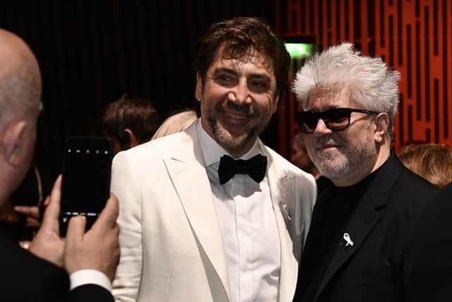 Spanish filmmaker Perdo Almodovar (R) poses with Spanish actor Javier Bardem during the 43rd edition of the Cesar Awards ceremony at the Salle Pleyel in Paris on March 2, 2018.  / AFP PHOTO / Philippe LOPEZ        (Photo credit should read PHILIPPE LOPEZ/AFP via Getty Images)