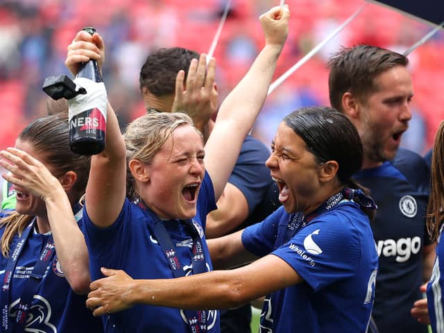 Sam Kerr (R) and Erin Cuthbert celebrate FA Cup win over Manchester United