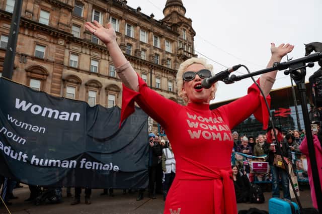 Posie Parker (also known as Kelly Jay Keen) speaking during a Standing for Women protest - which opposes gender-recognition policies - in Glasgow (Photo by Jeff J Mitchell/Getty Images)