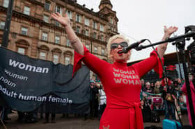 Posie Parker (also known as Kelly Jay Keen) speaking during a Standing for Women protest - which opposes gender-recognition policies - in Glasgow (Photo by Jeff J Mitchell/Getty Images)