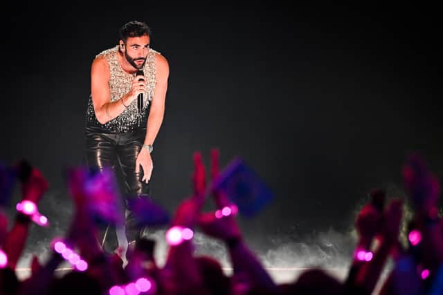 Singer Marco Mengoni performs on behalf of Italy during the final of the Eurovision Song contest 2023 on May 13, 2023 at the M&S Bank Arena in Liverpool, northern England. (Photo by Oli SCARFF / AFP) (Photo by OLI SCARFF/AFP via Getty Images)