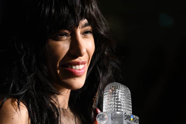 Singer Loreen performing on behalf of Sweden poses with the trophy after winning the final of the Eurovision Song contest 2023 on May 14, 2023 at the M&S Bank Arena in Liverpool, northern England. (Photo by Oli SCARFF / AFP) (Photo by OLI SCARFF/AFP via Getty Images)