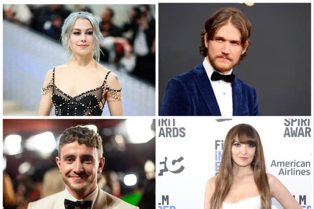 Fans think Phoebe Bridgers (top left) and Bo Burnham (top right) are now dating - but that has left questions about Bridgers' links to Paul Mescal (bottom left) and Burnham's connection to Lorene Scafaria (bottom right).