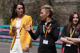 BATH, ENGLAND - MAY 16: Catherine, Princess of Wales speaks to Dame Kelly Holmes as she visits the Dame Kelly Holmes Trust on May 16, 2023 in Bath, England. (Photo by Kin Cheung - WPA Pool/Getty Images)