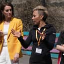 BATH, ENGLAND - MAY 16: Catherine, Princess of Wales speaks to Dame Kelly Holmes as she visits the Dame Kelly Holmes Trust on May 16, 2023 in Bath, England. (Photo by Kin Cheung - WPA Pool/Getty Images)