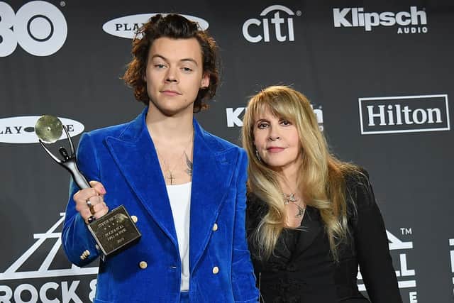 Harry Styles and inductee Stevie Nicks pose in the press room during the 2019 Rock & Roll Hall Of Fame Induction Ceremony at Barclays Center on March 29, 2019 in New York City. (Photo by Angela Weiss / AFP)        (Photo credit should read ANGELA WEISS/AFP via Getty Images)