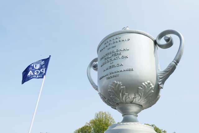 A model of the Wanamaker Trophy is seen during a practice round prior to the 2023 PGA Championship at Oak Hill Country Club (Photo by Andy Lyons/Getty Images)