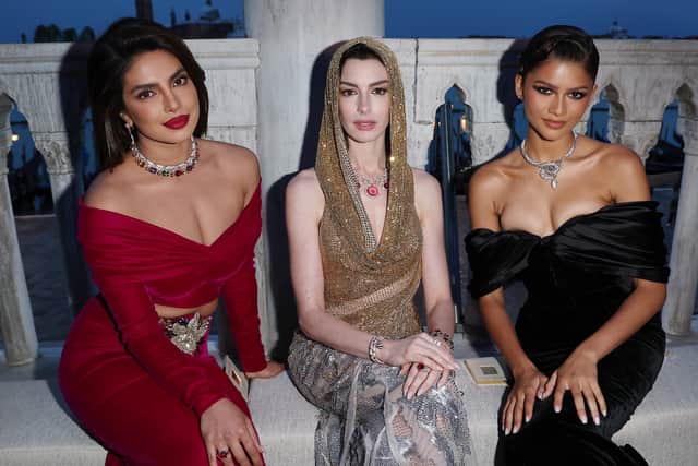 Priyanka Chopra Jonas, Anne Hathaway and Zendaya attend the "Bulgari Mediterranea High Jewelry" event at Palazzo Ducale on May 16, 2023 in Venice. (Photo by Pietro S. D'Aprano/Getty Images for Bulgari)