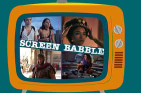 The orange Screen Babble television, featuring images from No Escape, Queen Cleopatra, Mood, and Rome, as discussed in episode 27 (Credit: NationalWorld Graphics)
