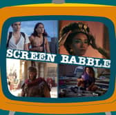 The orange Screen Babble television, featuring images from No Escape, Queen Cleopatra, Mood, and Rome, as discussed in episode 27 (Credit: NationalWorld Graphics)