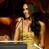 Meghan Markle wowed in a gold Johanna Ortiz dress at the Women of of Vision Awards in New York. Photograph by Getty