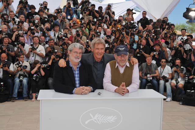  (L-R)  Director/producer George Lucas, actor Harrison Ford and director Steven Spielberg pose at the Indiana Jones and The Kingdom of The Crystal Skull photocall at the Palais des Festivals during the 61st International Cannes Film Festival on May 18 , 2008 in Cannes, France.  (Photo by Pascal Le Segretain/Getty Images)