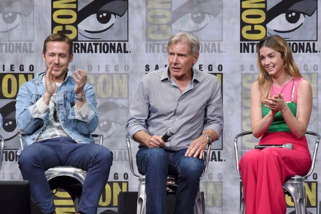 (L-R) Actors Ryan Gosling, Harrison Ford and Ana de Armas attend the Warner Bros. Pictures "Blade Runner 2049" Presentation during Comic-Con International 2017 at San Diego Convention Center on July 22, 2017 in San Diego, California.  (Photo by Kevin Winter/Getty Images)