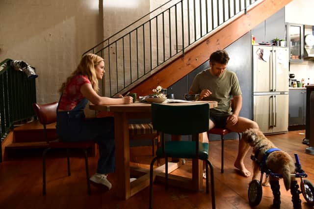 Harriet Dyer as Ashley and Patrick Brammall as Gordon in Colin From Accounts, eating dinner together with Colin (Credit: CBS Studios Inc/Easy Tiger Productions Pty Ltd/Foxtel Management Pty Ltd/Create NSW/Tony Mott)