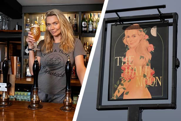 Jodie Kidd has been forced to remove a cheeky sign from outside her pub in West Sussex