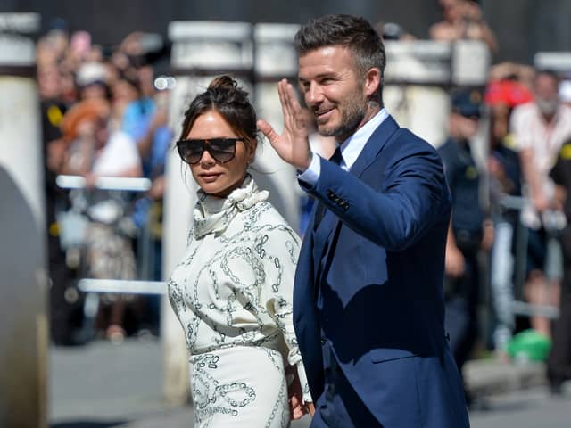 SEVILLE, SPAIN - JUNE 15: David Beckham and wife Victoria Beckham attend the wedding of real Madrid football player Sergio Ramos and Tv presenter Pilar Rubio at Seville's Cathedral on June 15, 2019 in Seville, Spain. (Photo by Aitor Alcalde/Getty Images)