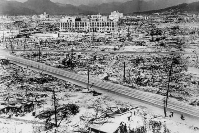 1945:  Atomic bomb damage in Hiroshima.  (Photo by Hulton Archive/Getty Images)