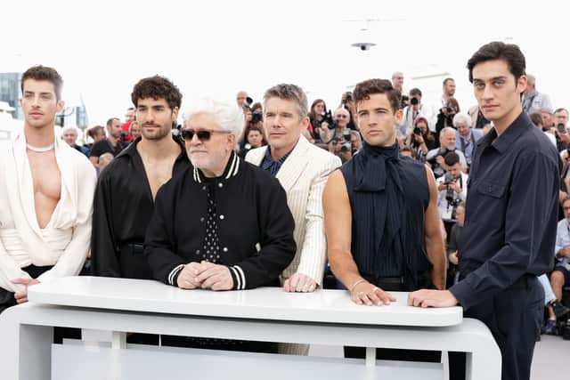 (L-R) Manuel Rios, JosÃ© Condessa, Director Pedro AlmodÃ³var, Ethan Hawke, Jason FernÃ¡ndez and George Steane attend the "Strange Way Of Life" photocall at the 76th annual Cannes film festival at Palais des Festivals on May 17, 2023 in Cannes, France. (Photo by Pascal Le Segretain/Getty Images)