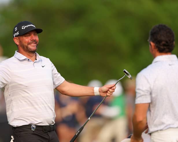 Michael Block celebrating his hole in one at the PGA Championship 2023 with partner Rory McIlroy - Credit: Getty